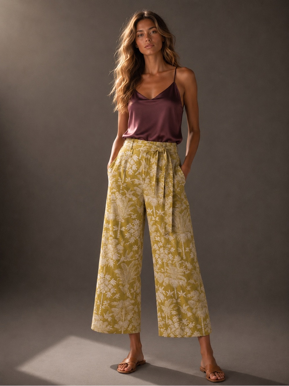 Spartina 449 Mustard Floral Tie-Waist Wide-Leg Pants